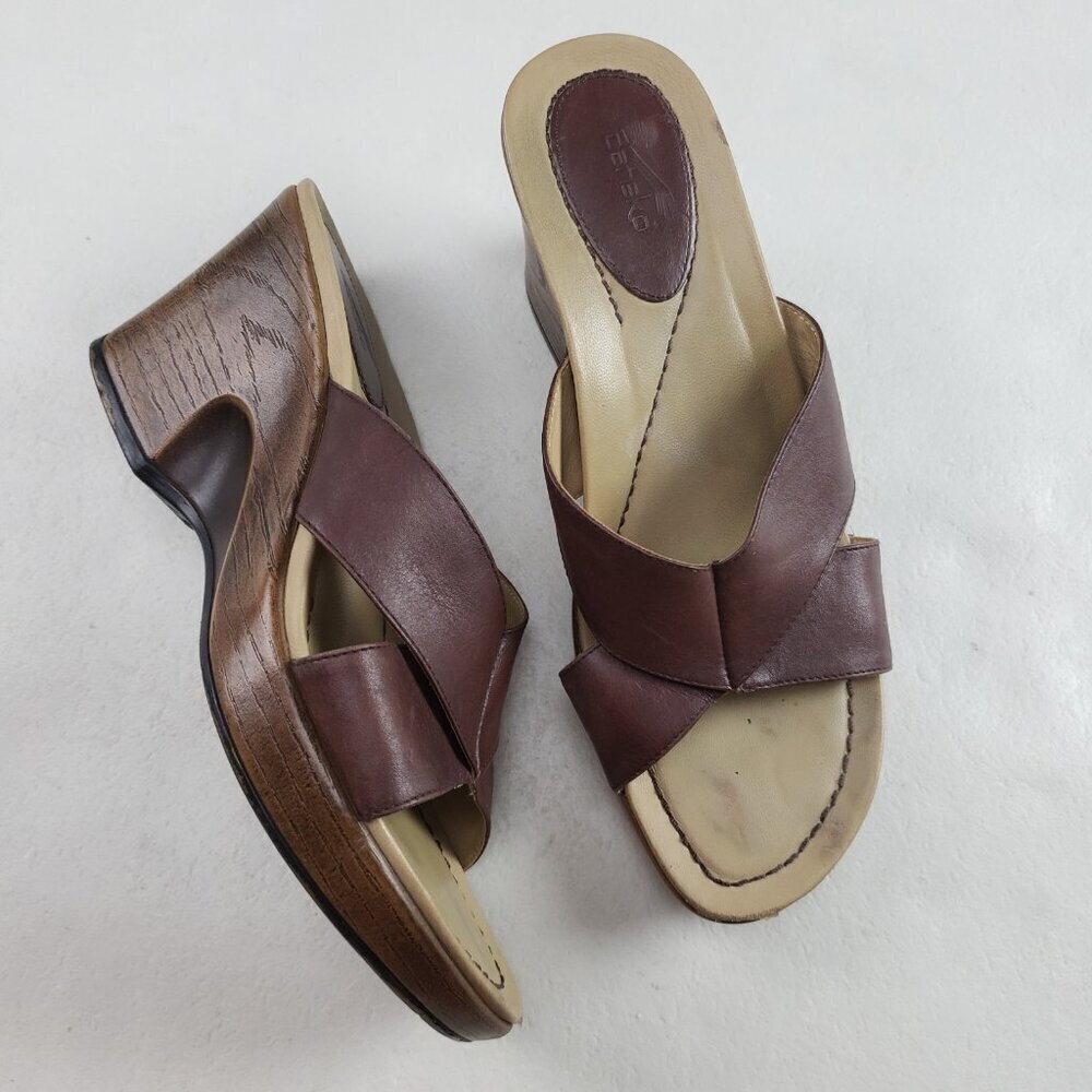 Dansko Neeci Wedge Sandal Womens 7.5-8 EU 38 Brown Leather Cross Strap Heel Shoe